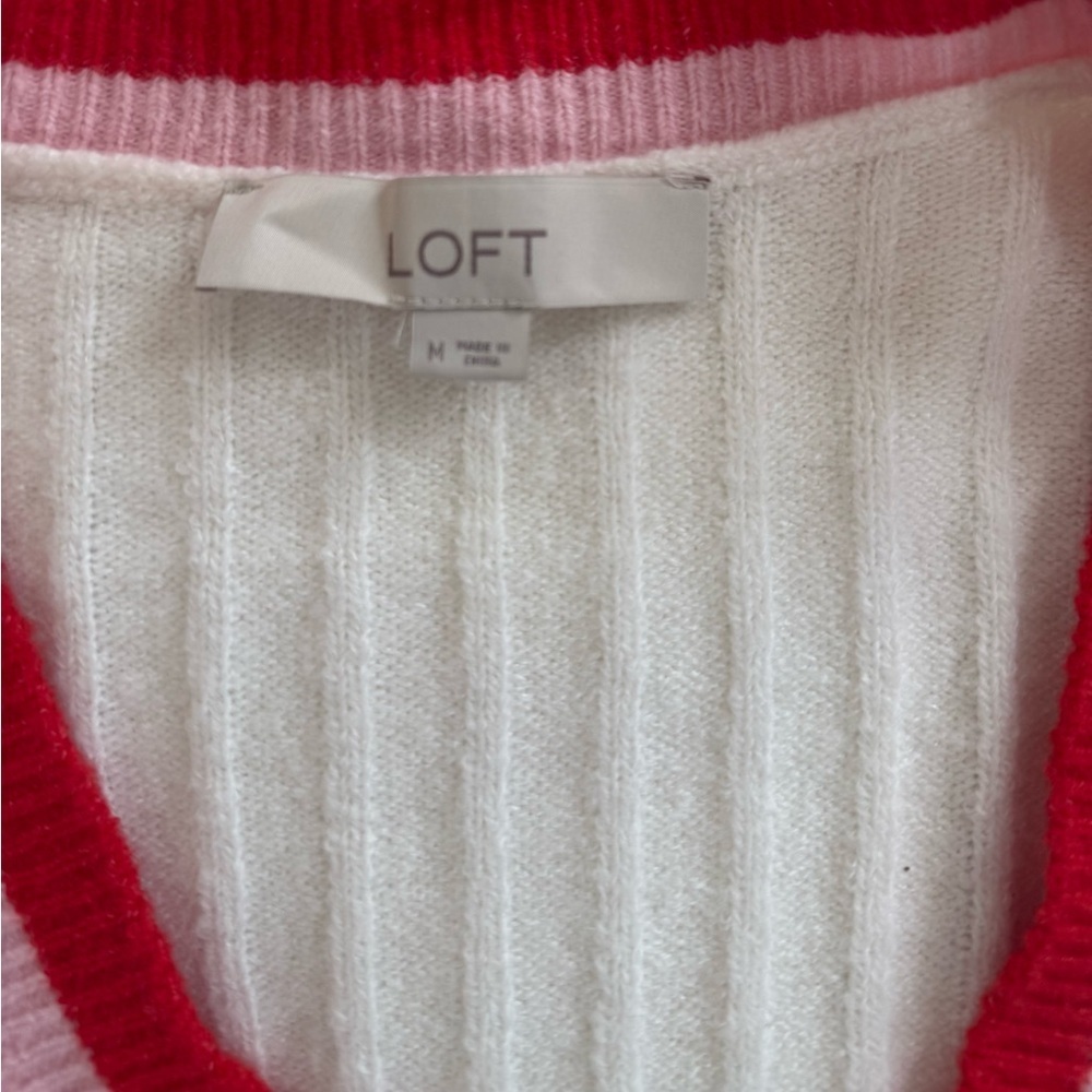 LOFT Ribbed V-Neck Cardigan Cream Pink Red/Orange Colorblock Trim Size Medium - Picture 5 of 9